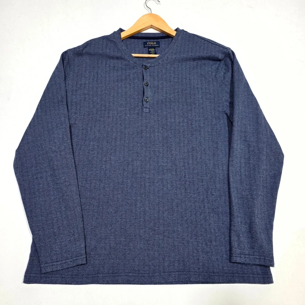 Polo Ralph Lauren Henley Shirt Men XL Blue Herringbone Sleepwear Long Sleeve Tee